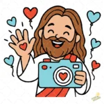 Jesús con Cámara Vector - Diseño Cristiano con Globos de Corazón para Sublimación
