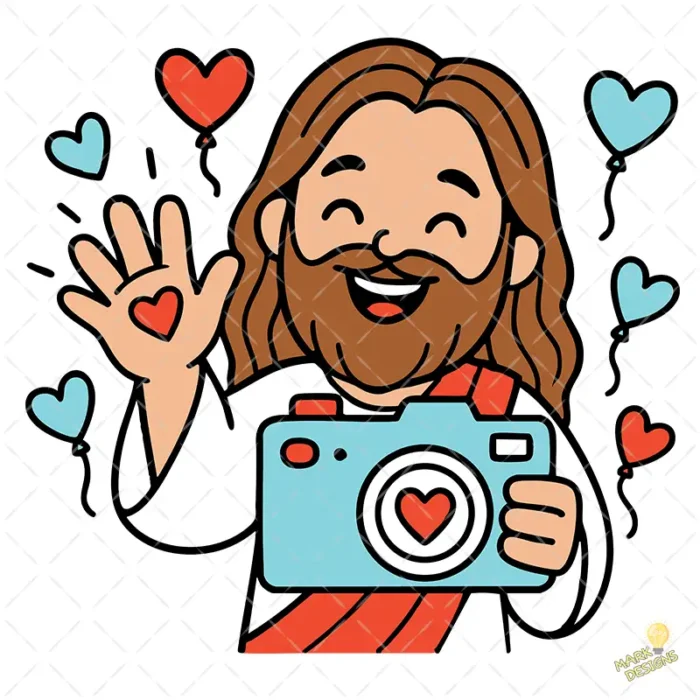 Jesús con Cámara Vector - Diseño Cristiano con Globos de Corazón para Sublimación