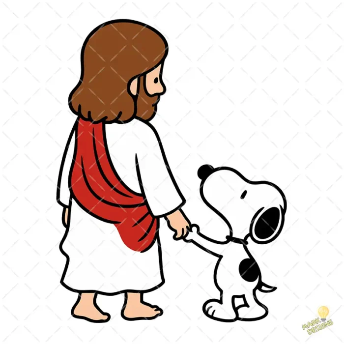 Jesús y Snoopy Vector - Diseño de Jesús de la mano con Snoopy para Sublimación