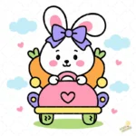 Kawaii Bunny Driving Carrot Car Vector- Conejita en Coche Zanahoria con Lazo