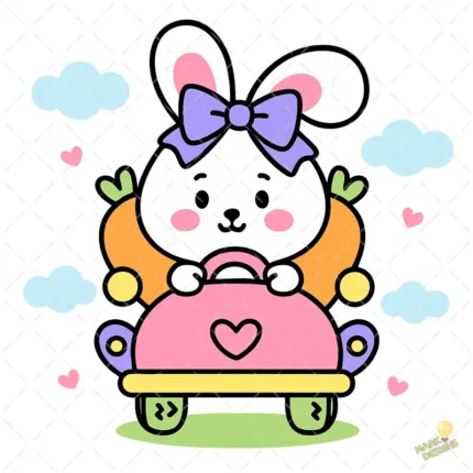 Kawaii Bunny Driving Carrot Car Vector- Conejita en Coche Zanahoria con Lazo