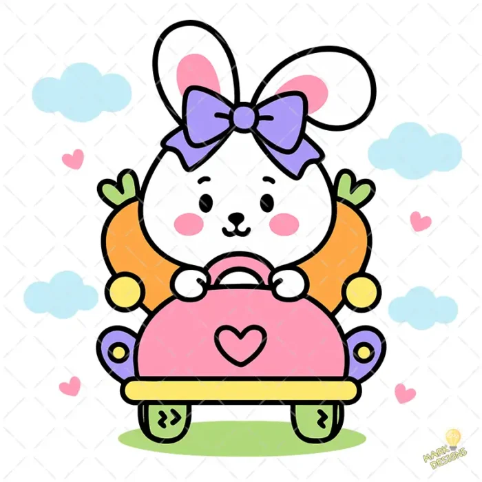 Kawaii Bunny Driving Carrot Car Vector- Conejita en Coche Zanahoria con Lazo