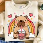 Kawaii Capybara Vector - Carpincho con Bubble Tea y Arcoíris para Stickers