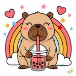 Kawaii Capybara Vector - Carpincho con Bubble Tea y Arcoíris para Stickers
