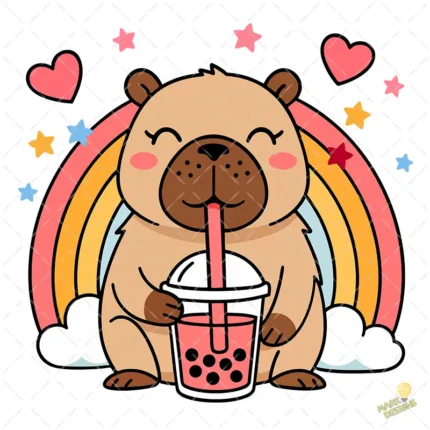 Kawaii Capybara Vector - Carpincho con Bubble Tea y Arcoíris para Stickers