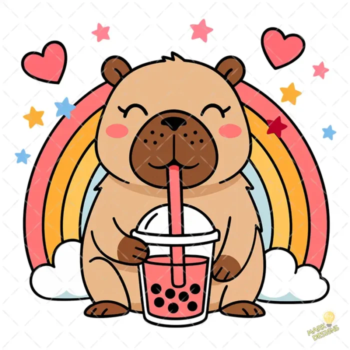 Kawaii Capybara Vector - Carpincho con Bubble Tea y Arcoíris para Stickers