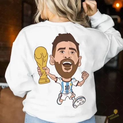 Lionel Messi Campeón del Mundo con Trofeo - Vector para Sublimación