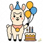 Llama Kawaii con Pastel y Globos - Vector para Cumpleaños y Sublimación