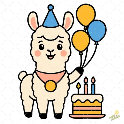 Llama Kawaii con Pastel y Globos - Vector para Cumpleaños y Sublimación
