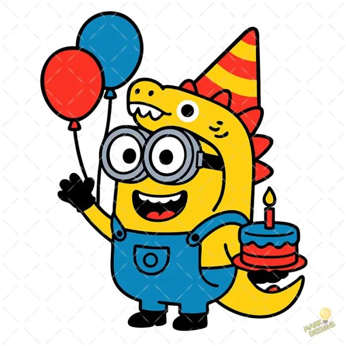 Minion con Disfraz de Dinosaurio, Globos y Pastel para Cumpleaños - Vector