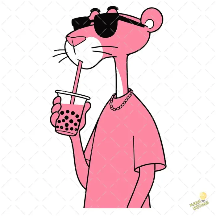 Pantera Rosa Aesthetic con Bubble Tea y Gafas - Vector Moderno