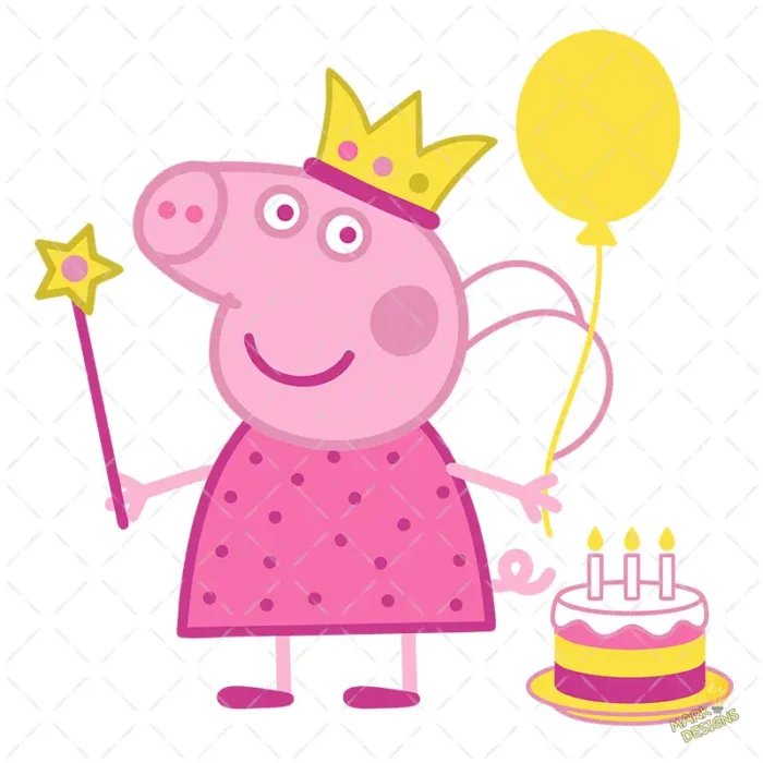 Peppa Pig Hada con Corona Varita y Pastel - Vector Cumpleaños