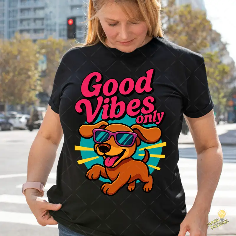 Perro con Gafas - Diseño Good Vibes Only para Camisetas de Verano Perro con Gafas - Diseño Good Vibes Only para Camisetas de Verano