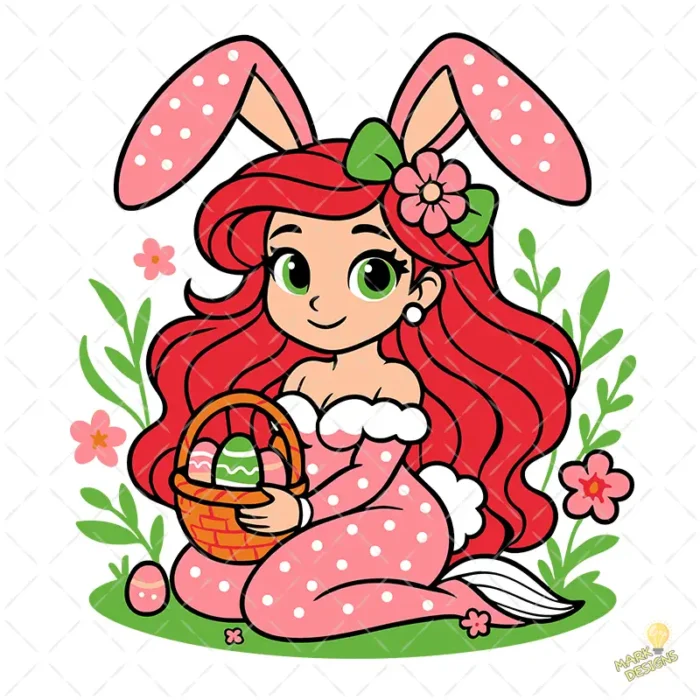 Princess Ariel Easter Vector - Sirenita con Orejas de Conejo y Canasta de Huevos