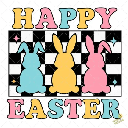 Retro Easter Vector - Siluetas de Conejos con Tablero de Ajedrez Retro