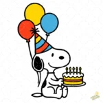 Snoopy con Gorro de Fiesta, Globos y Pastel - Vector para Cumpleaños
