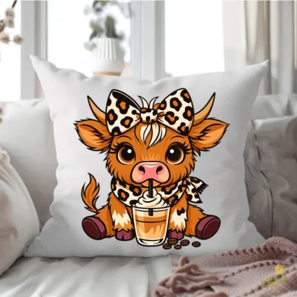 Vaca Highland con Lazo Leopardo y Café Helado – Diseño Vector y PNG 4K