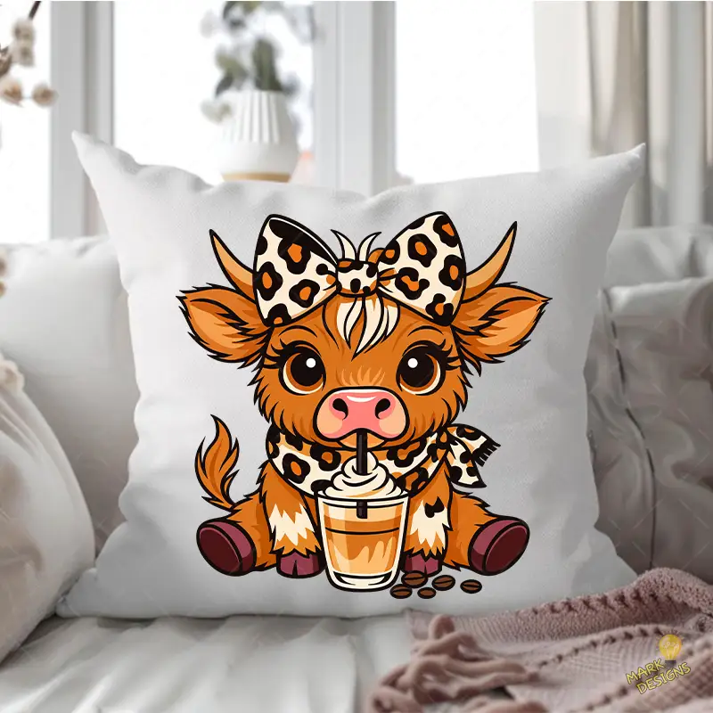 Vaca Highland con Lazo Leopardo y Café Helado – Diseño Vector y PNG 4K Vaca Highland con Lazo Leopardo y Café Helado – Diseño Vector y PNG 4K