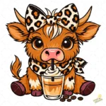 Vaca Highland con Lazo Leopardo y Café Helado – Diseño Vector y PNG 4K