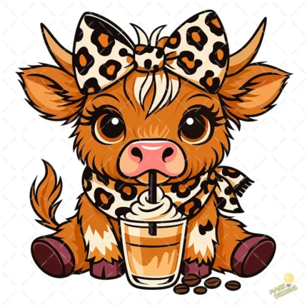 Vaca Highland con Lazo Leopardo y Café Helado – Diseño Vector y PNG 4K