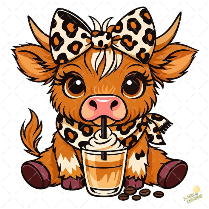 Vaca Highland con Lazo Leopardo y Café Helado – Diseño Vector y PNG 4K