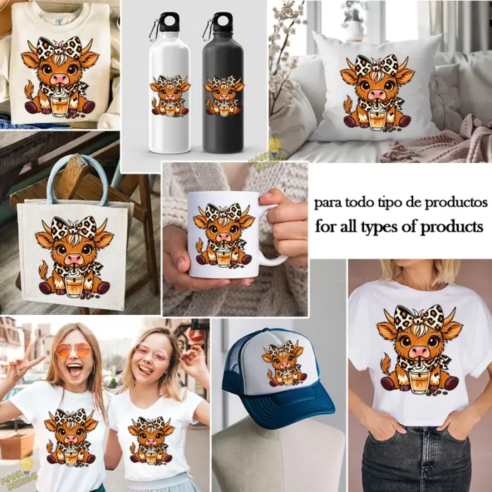 Vaca Highland con Lazo Leopardo y Café Helado – Diseño Vector y PNG 4K