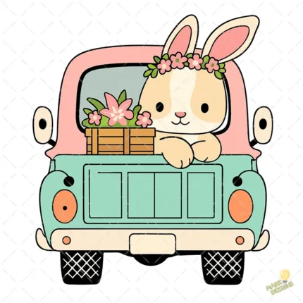 Vector Camioneta de Pascua Gratis - Ilustración de Conejo para Sublimación