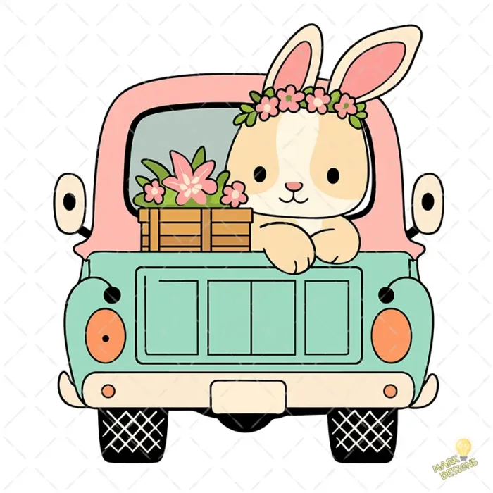 Vector Camioneta de Pascua Gratis - Ilustración de Conejo para Sublimación