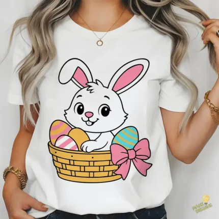 Vector Conejo de Pascua Kawaii - Ilustración de Canasta de Mimbre para Niños