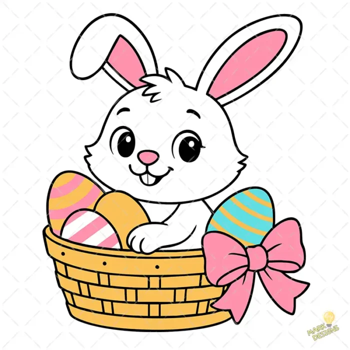 Vector Conejo de Pascua Kawaii - Ilustración de Canasta de Mimbre para Niños