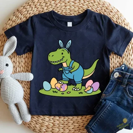 Vector Easter-saurus Kawaii - Ilustración de T-Rex con Overol para Niños