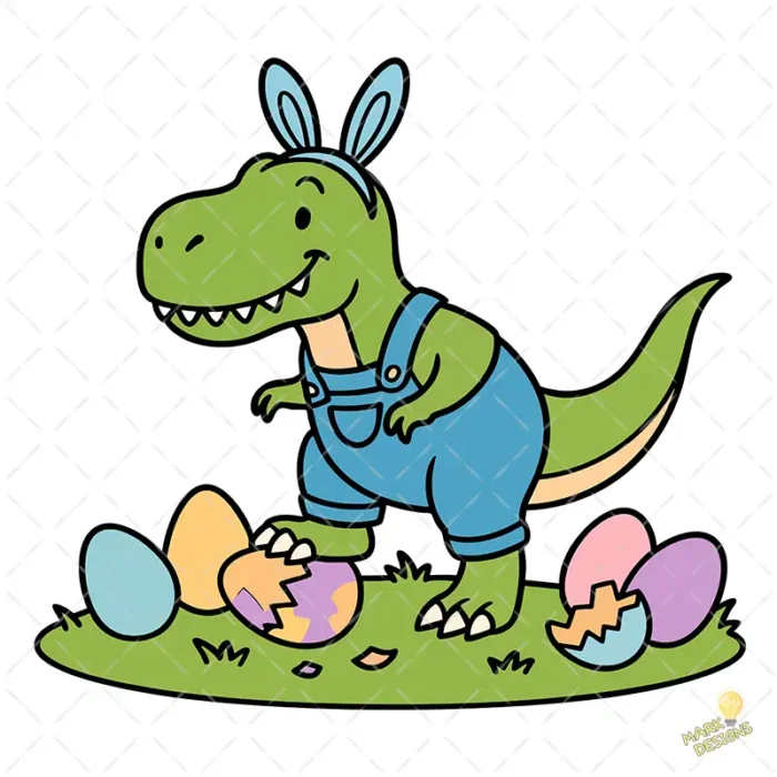 Vector Easter-saurus Kawaii - Ilustración de T-Rex con Overol para Niños