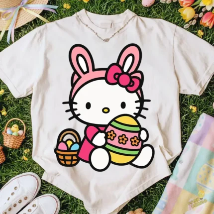 Vector Hello Kitty Pascua - Ilustración de Huevo Decorado con Flores para Camisetas