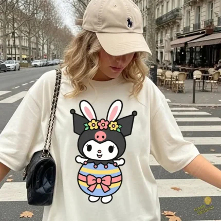 Vector Kuromi Pascua - Ilustración de Huevo Decorado con Flores para Camisetas