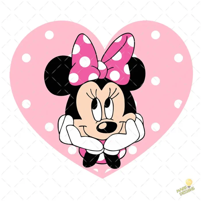 Vector de Minnie Mouse Pensativa con Moño Rosa de Puntos en Corazón