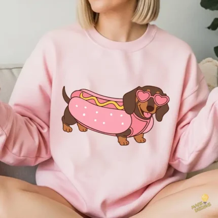 Vector de Perro Salchicha con Disfraz de Hot Dog Rosa y Gafas de Corazón