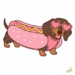 Vector de Perro Salchicha con Disfraz de Hot Dog Rosa y Gafas de Corazón
