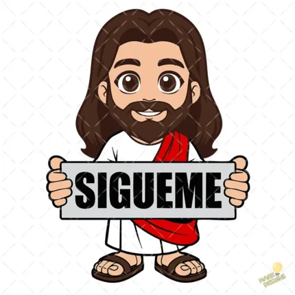 Jesús con Cartel Sígueme Vector Kawaii para sublimación