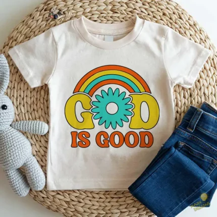 Vector God Is Good Retro Groovy con Arcoíris y Flor para Sublimación