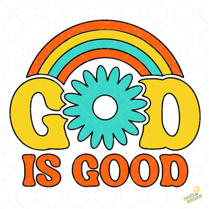 Vector God Is Good Retro Groovy con Arcoíris y Flor para Sublimación