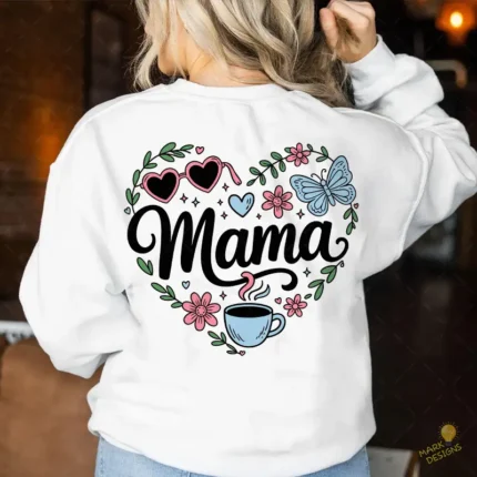 Vector Mamá Corazón Doodle con Flores y Café para Sublimación