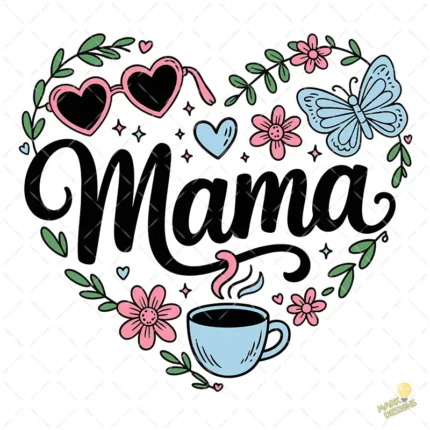 Vector Mamá Corazón Doodle con Flores y Café para Sublimación