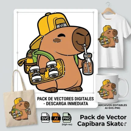 Vector Capybara Skater con Mochila y Botella de Jugo para Sublimación