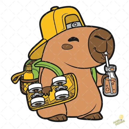 Vector Capybara Skater con Mochila y Botella de Jugo para Sublimación