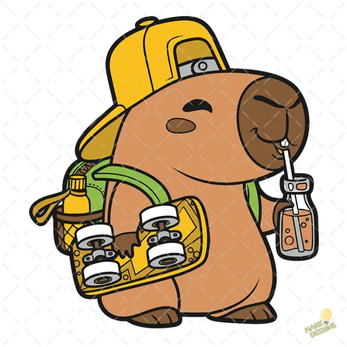 Vector Capybara Skater con Mochila y Botella de Jugo para Sublimación