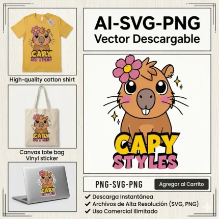 Vector Carpincho Capybara Capy Styles con Flor Rosada para Sublimación