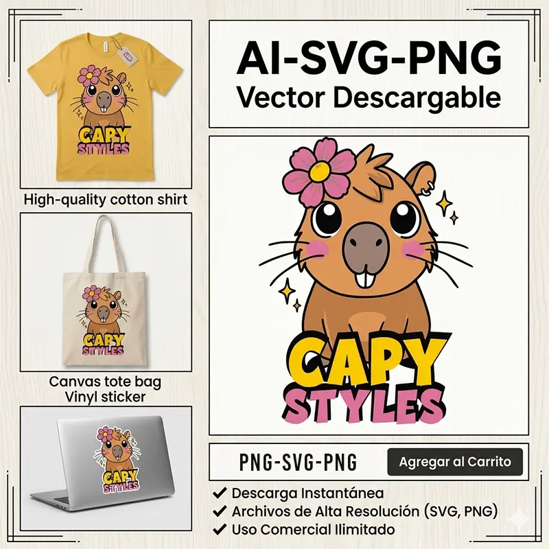Vector Carpincho Capybara Capy Styles con Flor Rosada para Sublimación1 Vector Carpincho Capybara Capy Styles con Flor Rosada para Sublimación