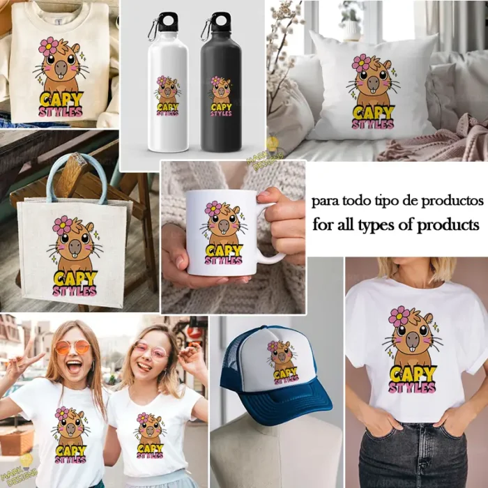 Vector Carpincho Capybara Capy Styles con Flor Rosada para Sublimación