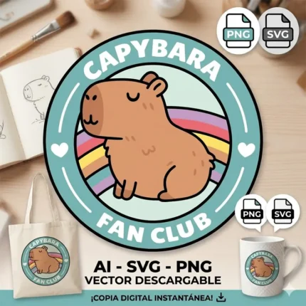 Vector Carpincho Capybara Fan Club Emblema Circular con Arcoíris para Sublimación