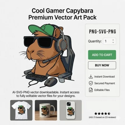 Vector Carpincho Capybara Gamer con Auriculares y Silla Pro para Sublimación